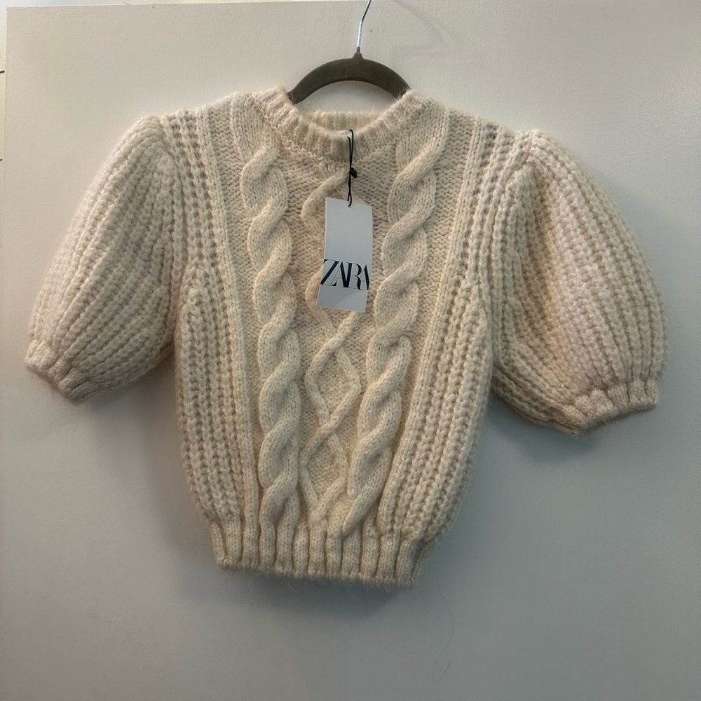 Zara Cream Cable Knit Short Sleeve Sweater NWT Size M - Picture 2 of 6